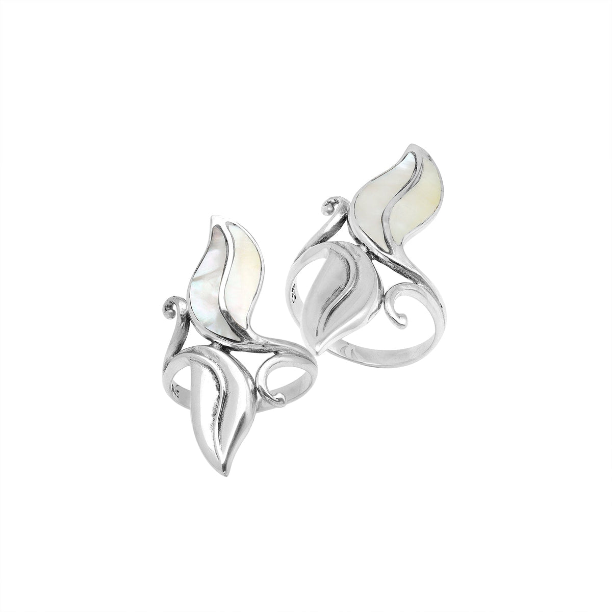 Handcrafted sterling silver leaf ring with luminous Mother Of Pearl inlay – elegant boho Balinese jewelry for women.