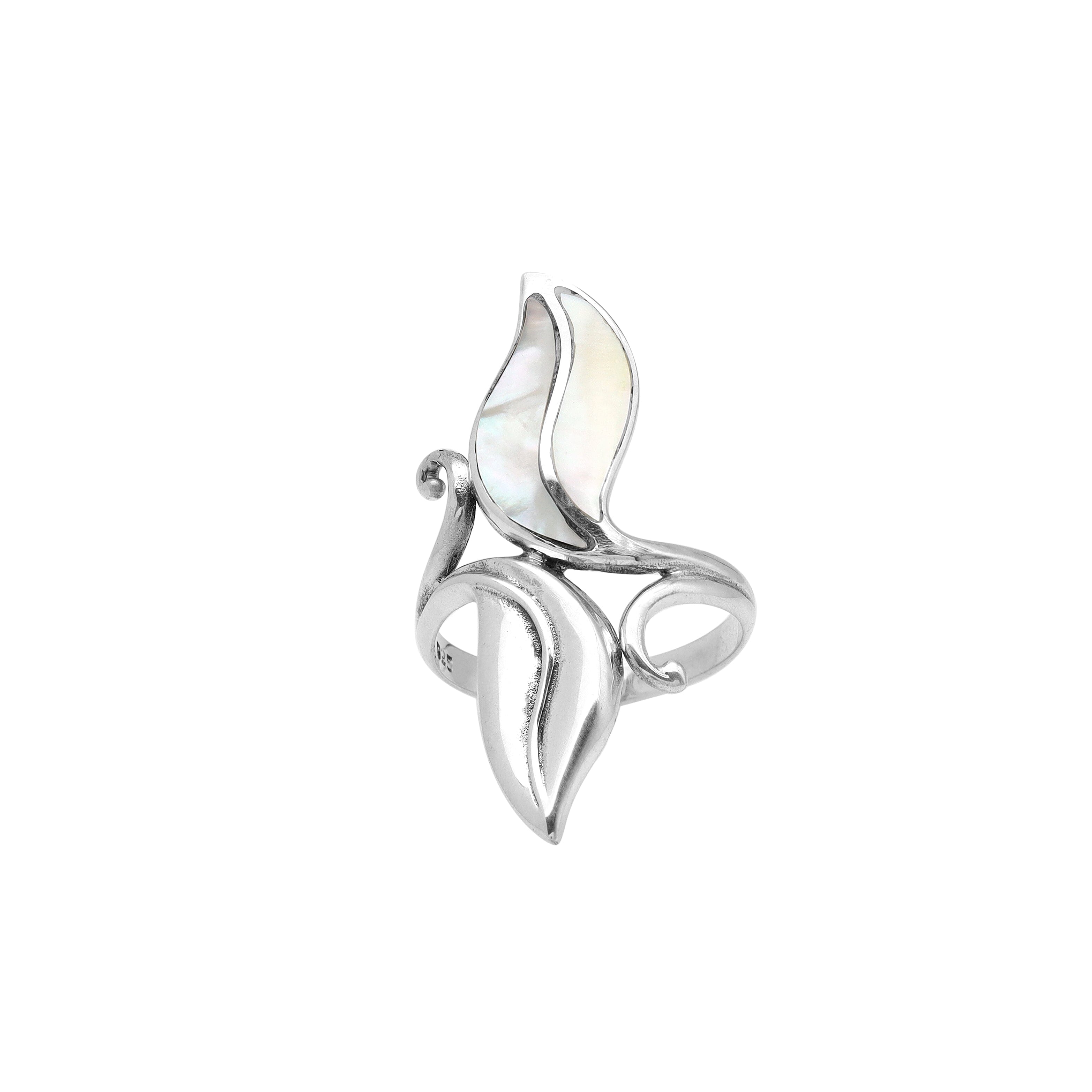 Handcrafted sterling silver leaf ring with luminous Mother Of Pearl inlay – elegant boho Balinese jewelry for women.