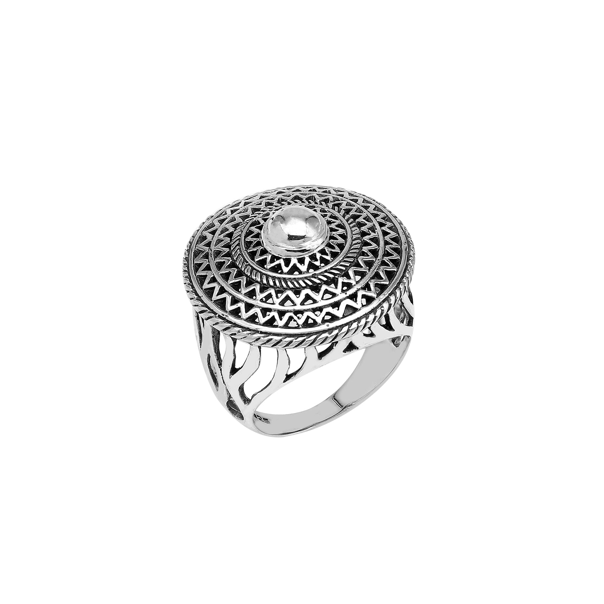 Handcrafted sterling silver mandala statement ring with intricate round geometric design and oxidized finish – unique boho artisan jewelry for women.
