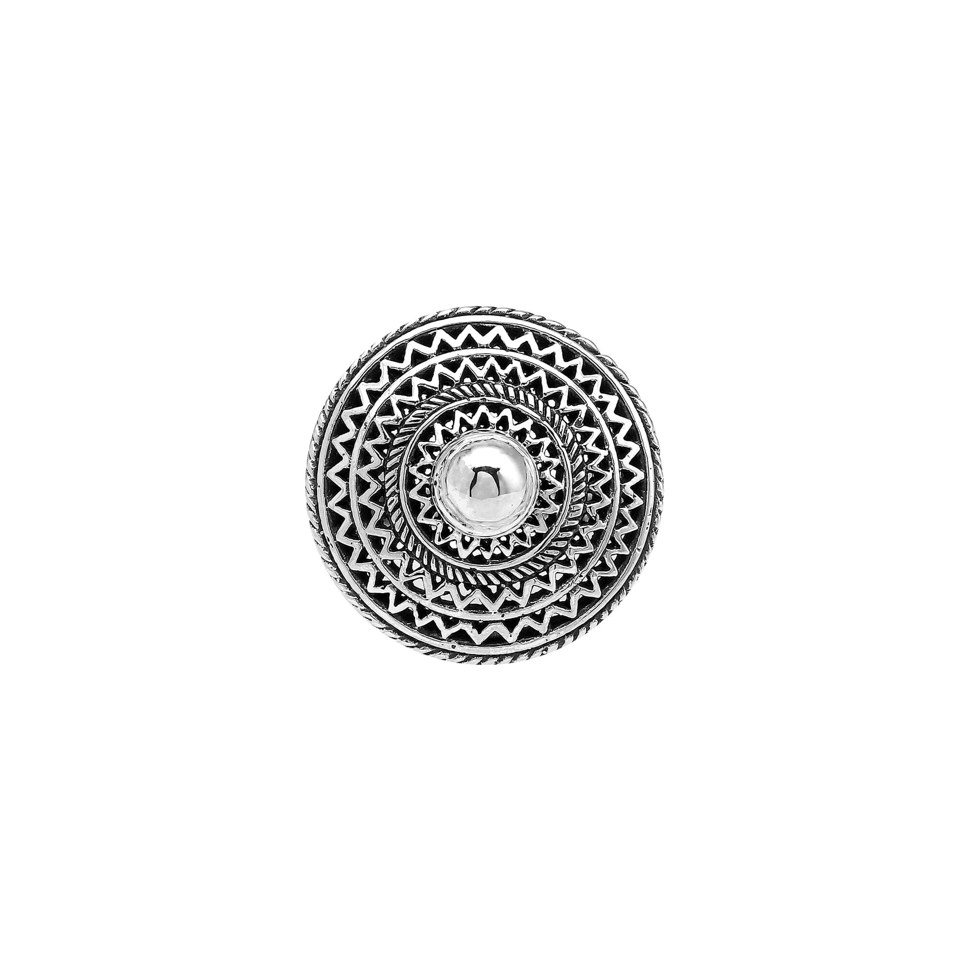 Handcrafted sterling silver mandala statement ring with intricate round geometric design and oxidized finish – unique boho artisan jewelry for women.