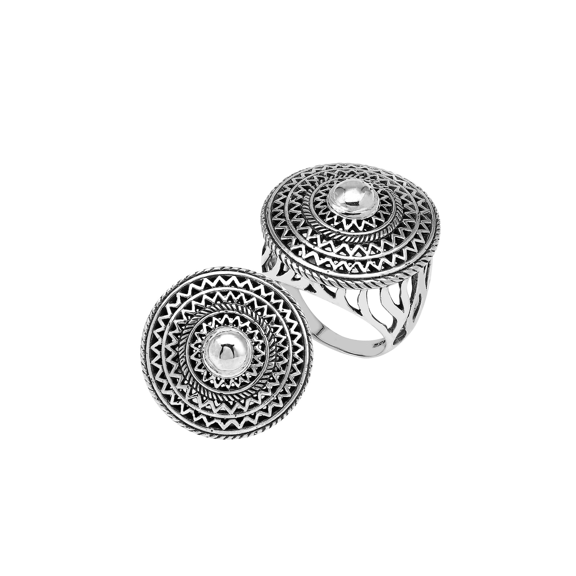 Handcrafted sterling silver mandala statement ring with intricate round geometric design and oxidized finish – unique boho artisan jewelry for women.