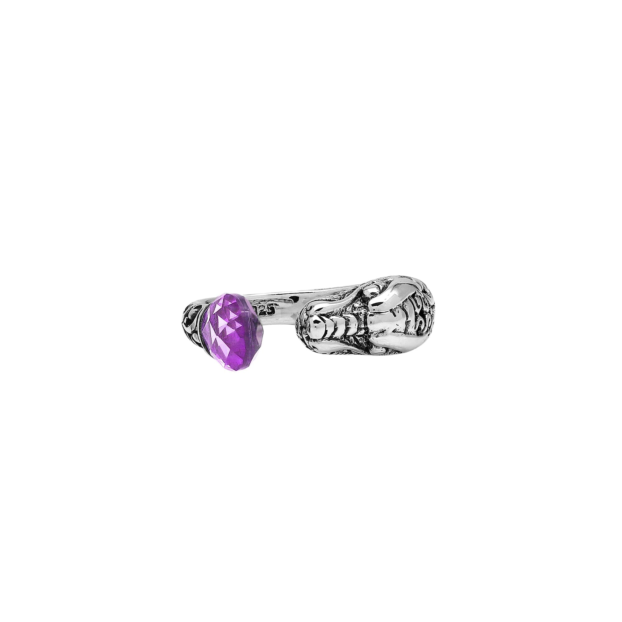 Handcrafted sterling silver dragon head ring with faceted Amethyst Quartz and detailed Balinese carvings – bold spiritual boho jewelry for women.