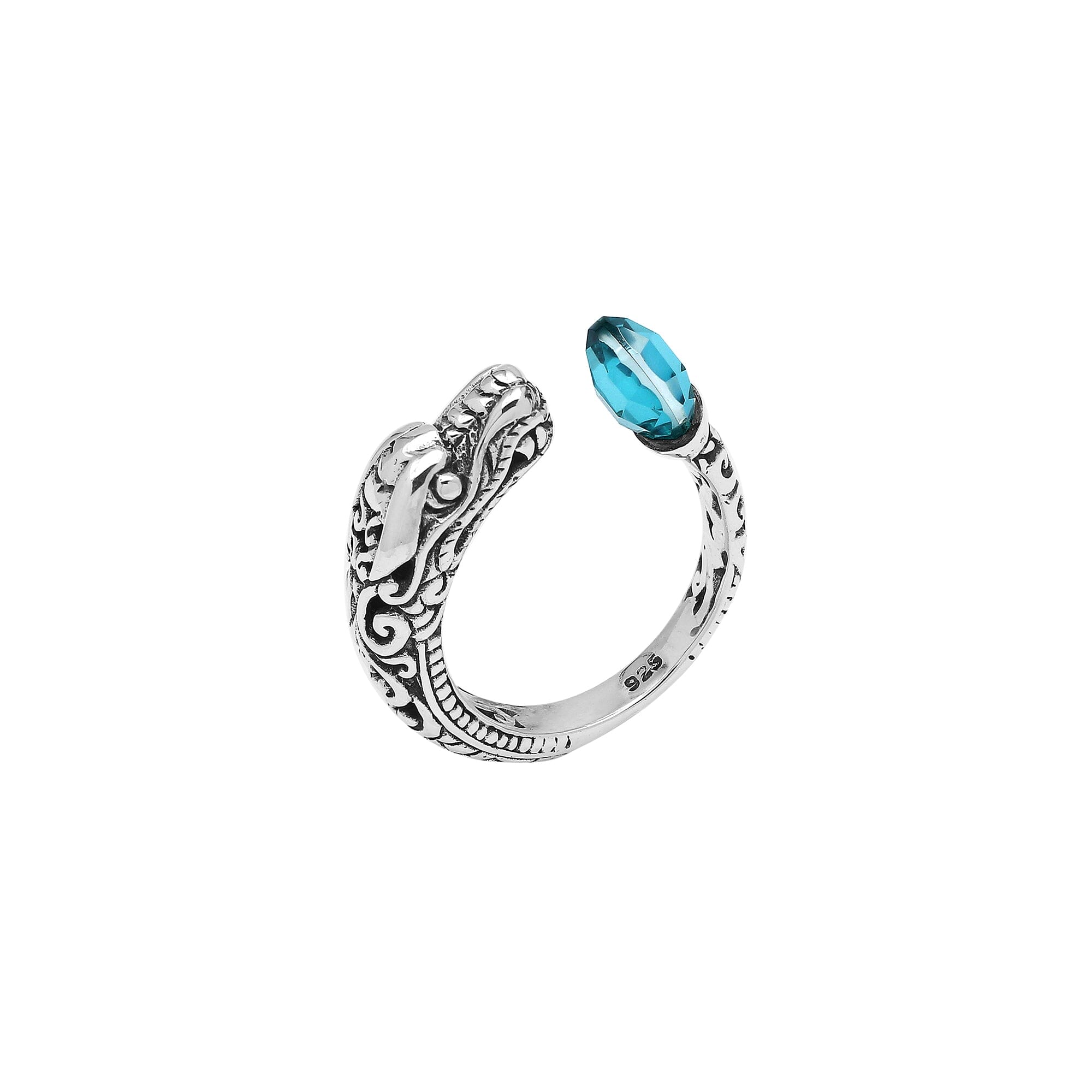 Handcrafted sterling silver dragon bypass ring with sparkling Blue Topaz Quartz, unique Bali artisan jewelry gift.