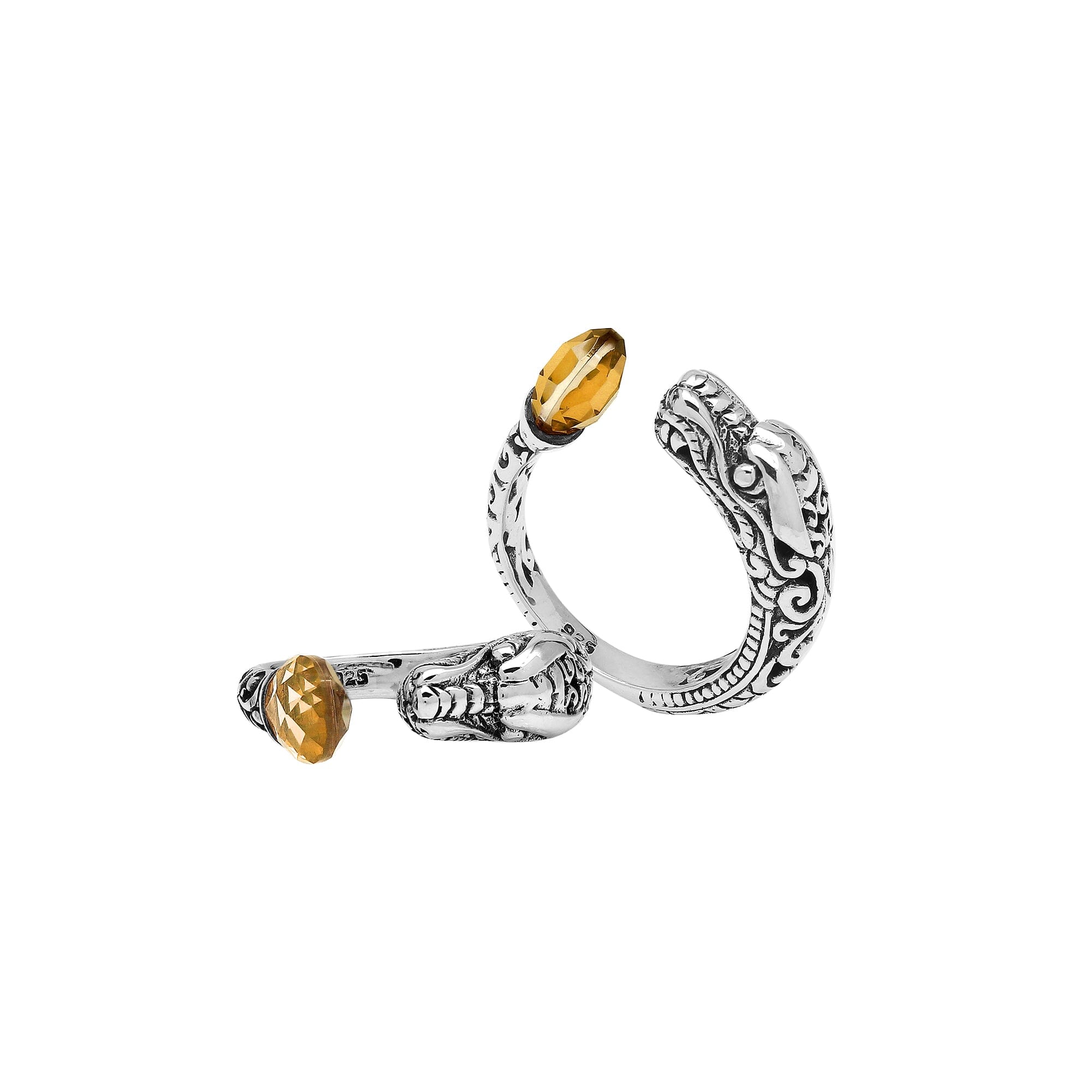 Sterling silver dragon ring with golden Citrine Quartz, handcrafted with Bali-inspired carvings, adjustable bypass design, and oxidized finish for a bold statement look.