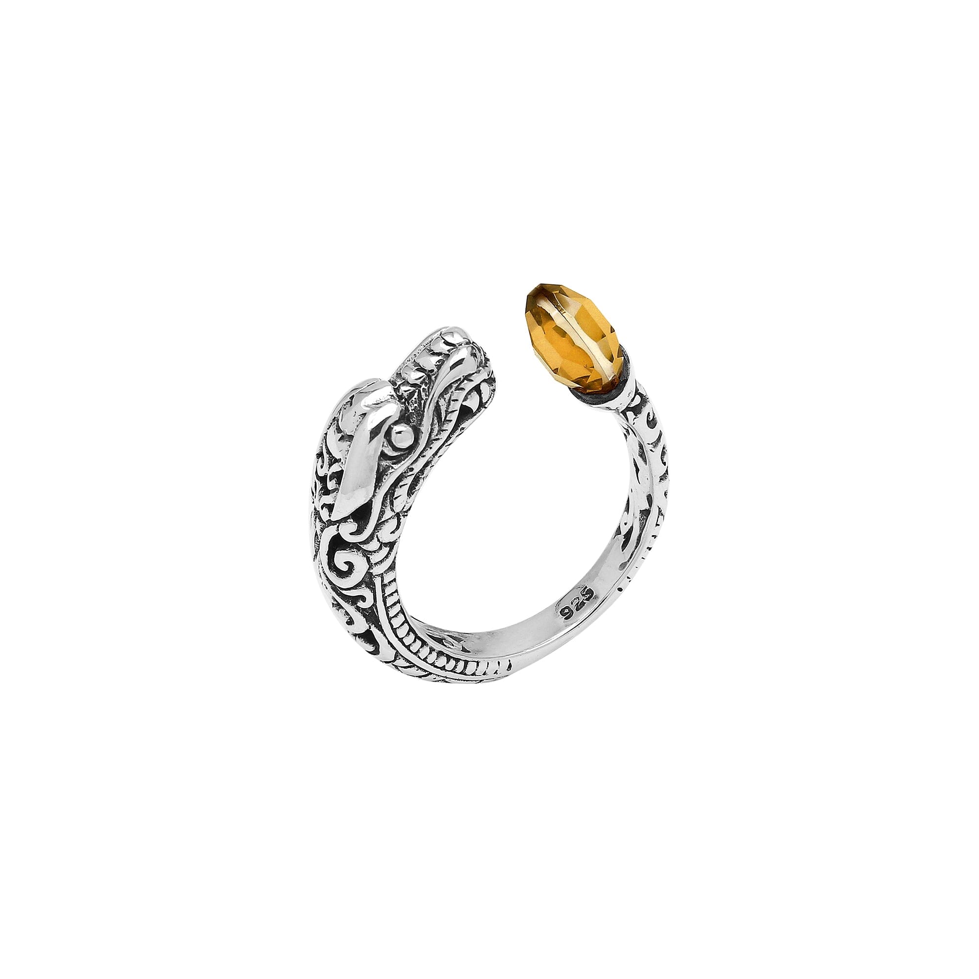 Sterling silver dragon ring with golden Citrine Quartz, handcrafted with Bali-inspired carvings, adjustable bypass design, and oxidized finish for a bold statement look.
