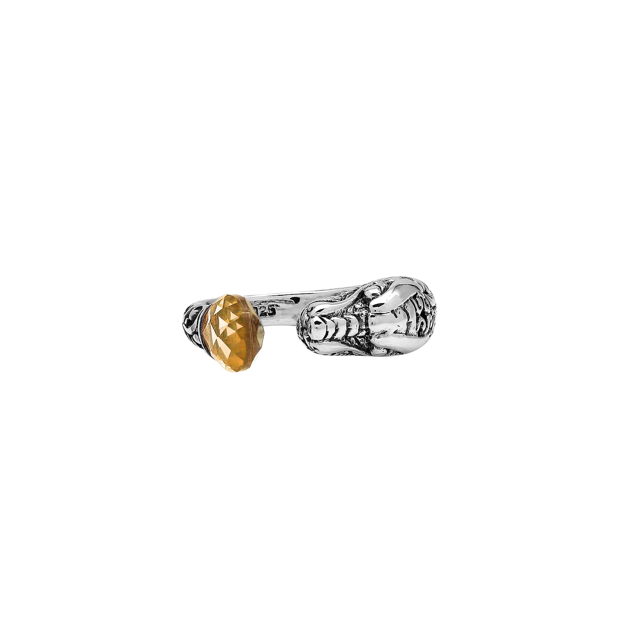 Sterling silver dragon ring with golden Citrine Quartz, handcrafted with Bali-inspired carvings, adjustable bypass design, and oxidized finish for a bold statement look.
