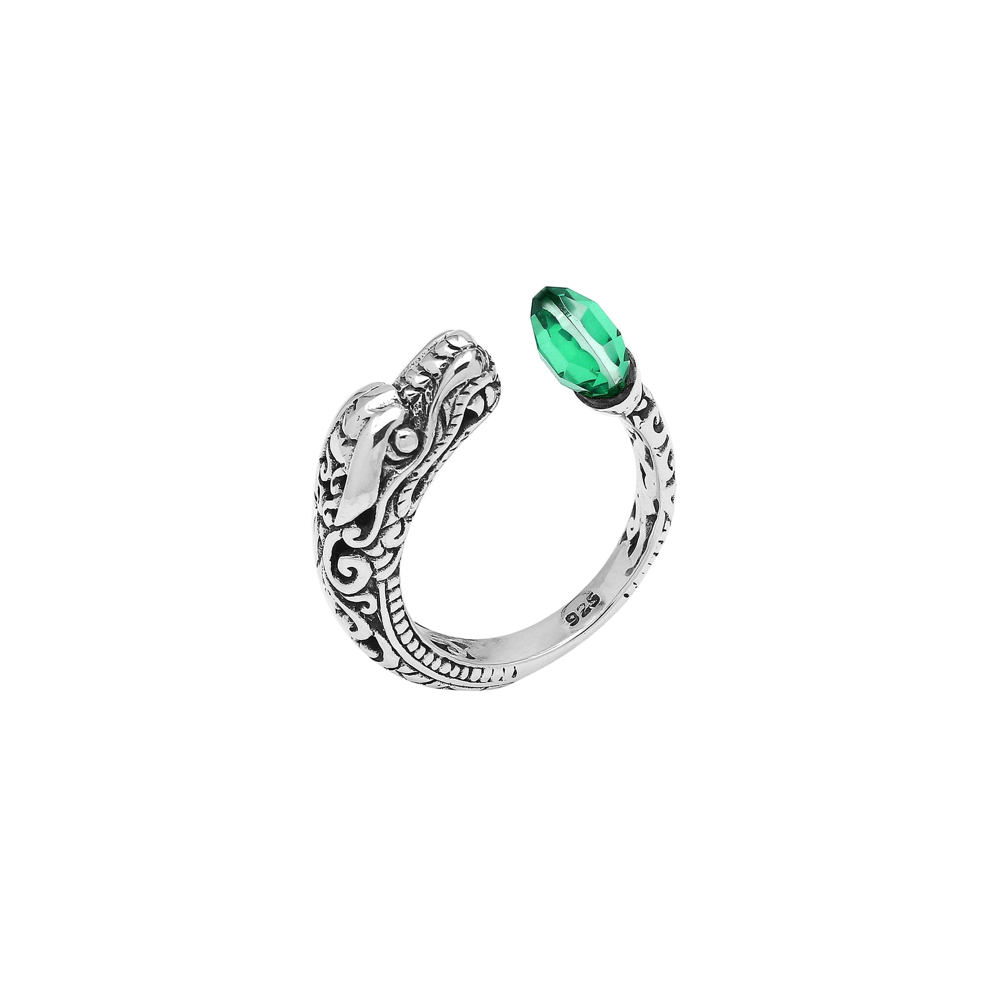 Handcrafted sterling silver dragon ring with Green Quartz accents, detailed Balinese carvings, and adjustable open band design for unique artisan style.
