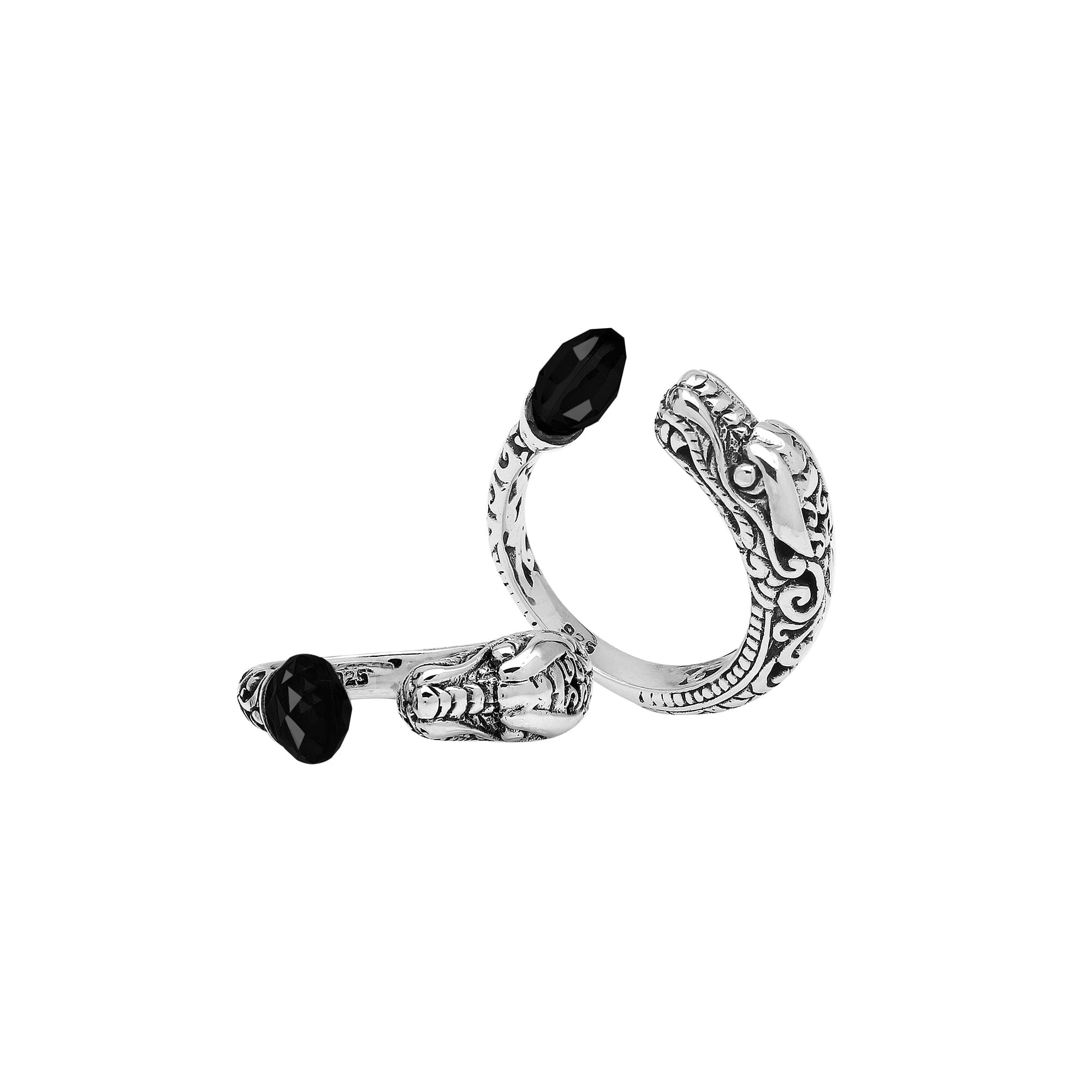 Handcrafted sterling silver dragon ring with two faceted Black Onyx, detailed Balinese carvings, and a bold bypass design.