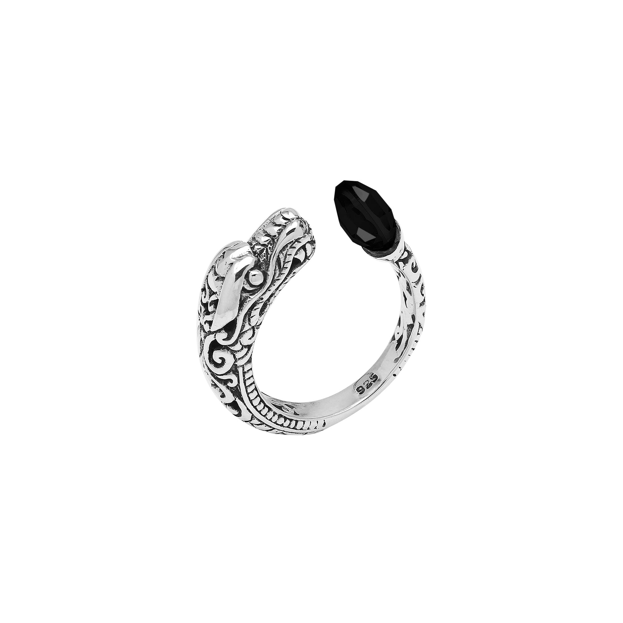 Handcrafted sterling silver dragon ring with two faceted Black Onyx, detailed Balinese carvings, and a bold bypass design.