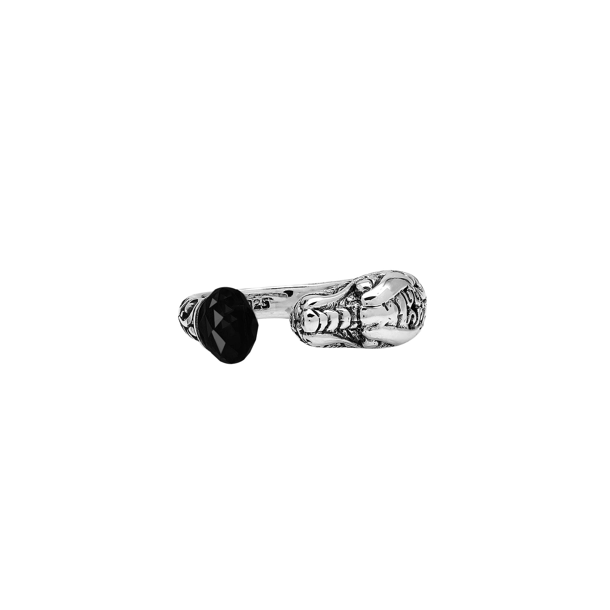 Handcrafted sterling silver dragon ring with two faceted Black Onyx, detailed Balinese carvings, and a bold bypass design.