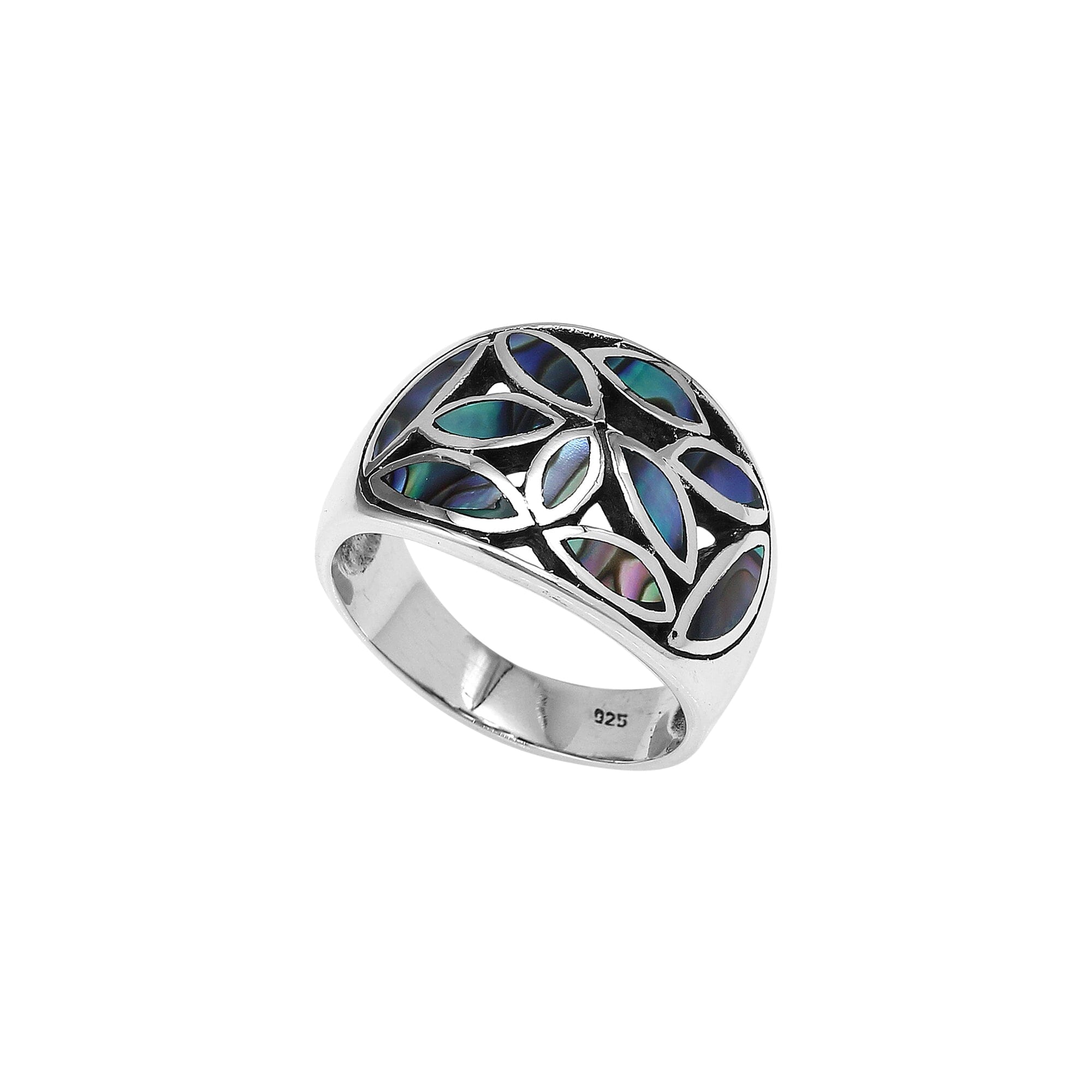 Handcrafted sterling silver wide band ring with shimmering Abalone Shell inlay, bold artisan jewelry inspired by ocean colors.