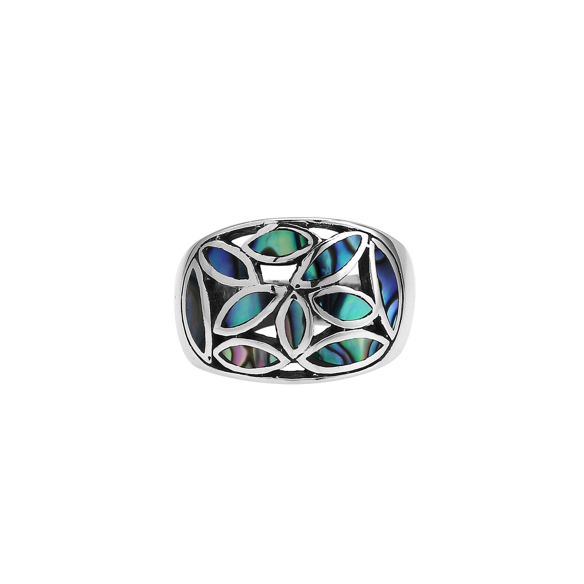 Handcrafted sterling silver wide band ring with shimmering Abalone Shell inlay, bold artisan jewelry inspired by ocean colors.