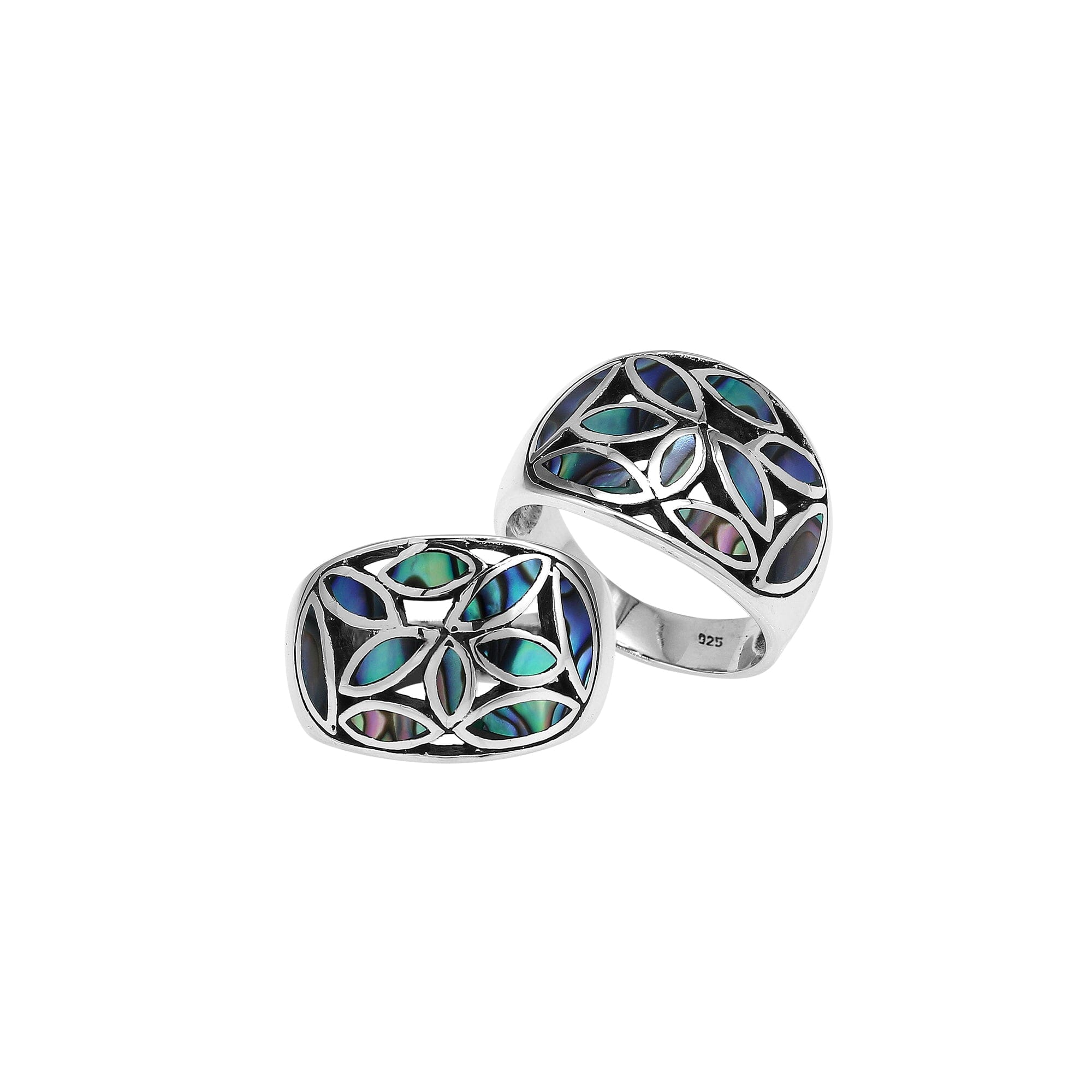Handcrafted sterling silver wide band ring with shimmering Abalone Shell inlay, bold artisan jewelry inspired by ocean colors.