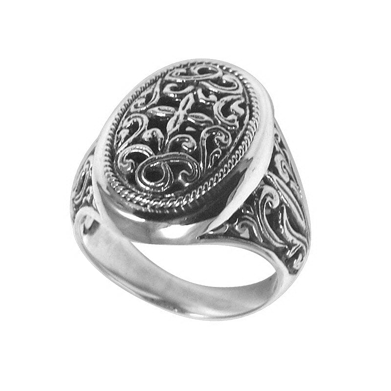 Elegant sterling silver oval ring with intricate Balinese design, handcrafted 925 silver statement ring, artisan jewelry for men and women.