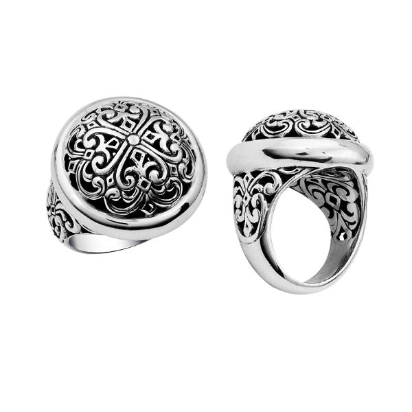 Sterling silver domed ring with intricate Bali carving, bold artisan statement jewelry for women.