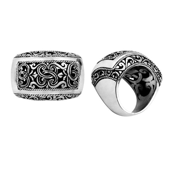 Sterling silver rectangular wide band ring with detailed Bali carvings, bold artisan statement jewelry for everyday wear or gifting.