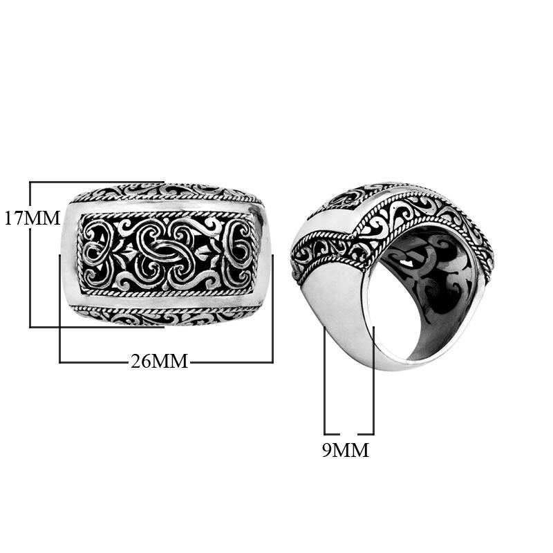 Sterling silver rectangular wide band ring with detailed Bali carvings, bold artisan statement jewelry for everyday wear or gifting.
