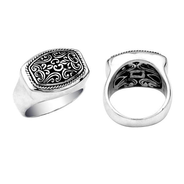 Men’s sterling silver rectangular ring with Bali carving and oxidized details, handcrafted 925 silver statement jewelry.
