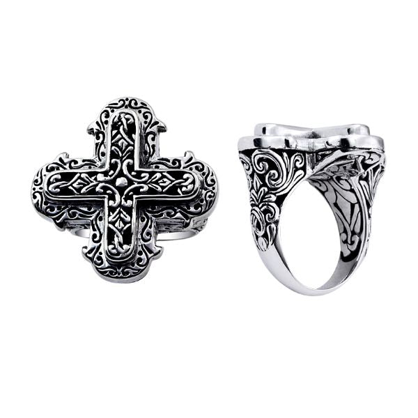 Sterling silver rectangular wide band ring with detailed Bali carvings, bold artisan statement jewelry for everyday wear or gifting.