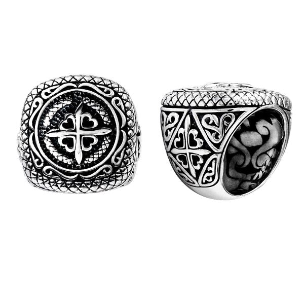 Handcrafted sterling silver Gothic cross ring with Balinese scroll detailing and oxidized finish, bold men’s statement jewelry.