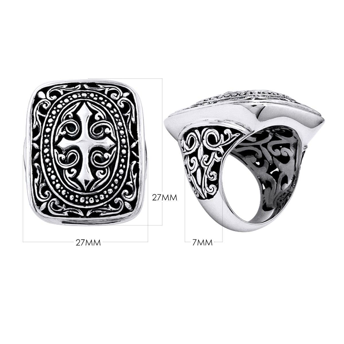 Handmade sterling silver men’s signet ring with Ornate cross and Oxidized finish, Bali jewelry