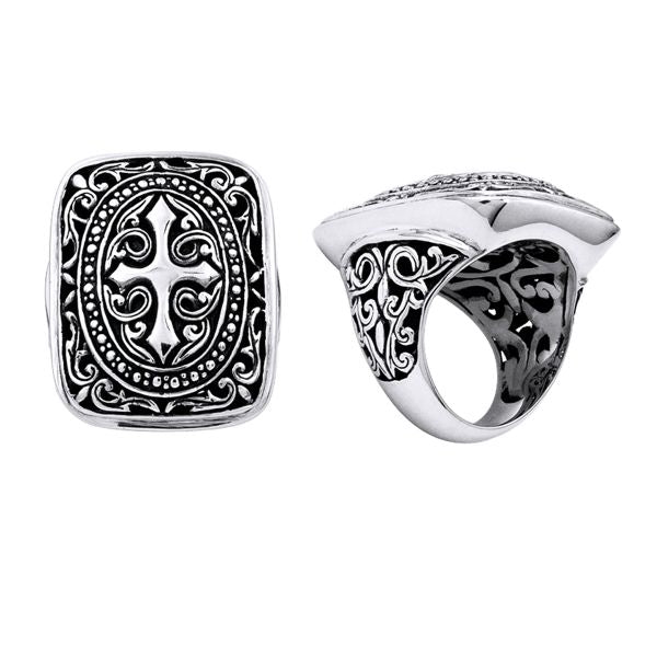 Handmade sterling silver men’s signet ring with Ornate cross and Oxidized finish, Bali jewelry