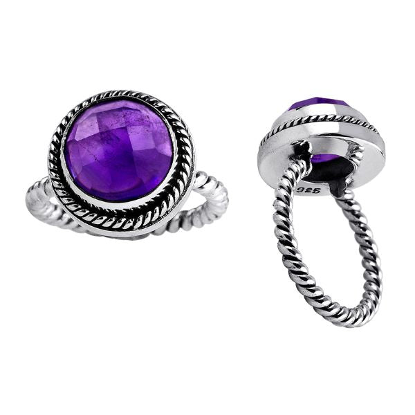 Handmade sterling silver Amethyst Quartz ring with rope bezel and twisted band, Bali artisan jewelry