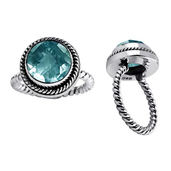 Handmade sterling silver Blue Topaz Quartz ring with rope bezel and twisted band, Bali artisan jewelry