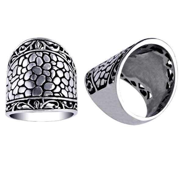 Handmade sterling Silver Textured Dome ring with scroll accents, unisex Bali artisan jewelry