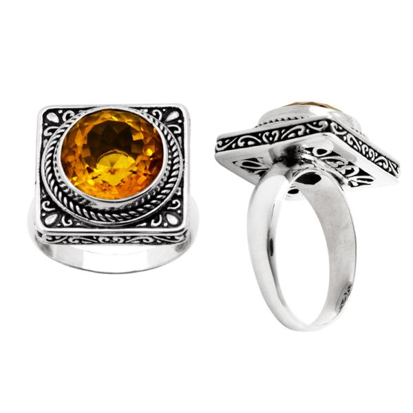 Handcrafted sterling silver citrine quartz ring with ornate square frame and Balinese scroll detailing