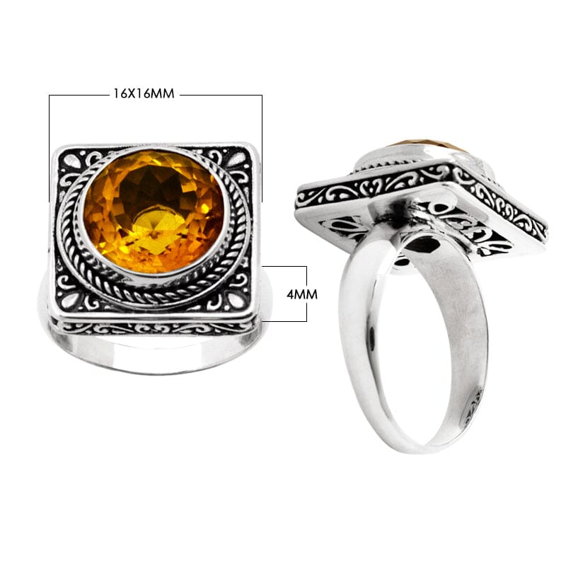 Handcrafted sterling silver citrine quartz ring with ornate square frame and Balinese scroll detailing