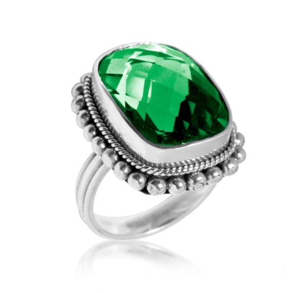 Sterling silver ring with emerald Green faceted Quartz and Balinese beaded details – handcrafted statement jewelry for women.