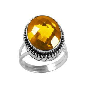 Sterling silver ring with faceted oval Citrine Quartz and Balinese bead details – handcrafted artisan cocktail jewelry.