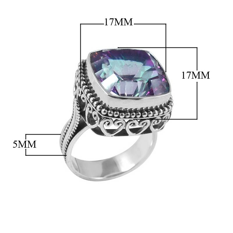 Sterling silver ring with faceted square Mystic Topaz Quartz, Balinese bead and scroll details – handcrafted artisan cocktail jewelry