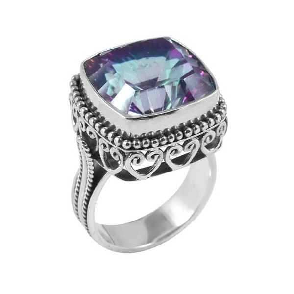 Sterling silver ring with faceted square Mystic Topaz Quartz, Balinese bead and scroll details – handcrafted artisan cocktail jewelry