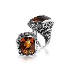 Handcrafted Balinese silver ring with cushion-cut Citrine Quartz and ornate scroll design – bold statement jewelry.