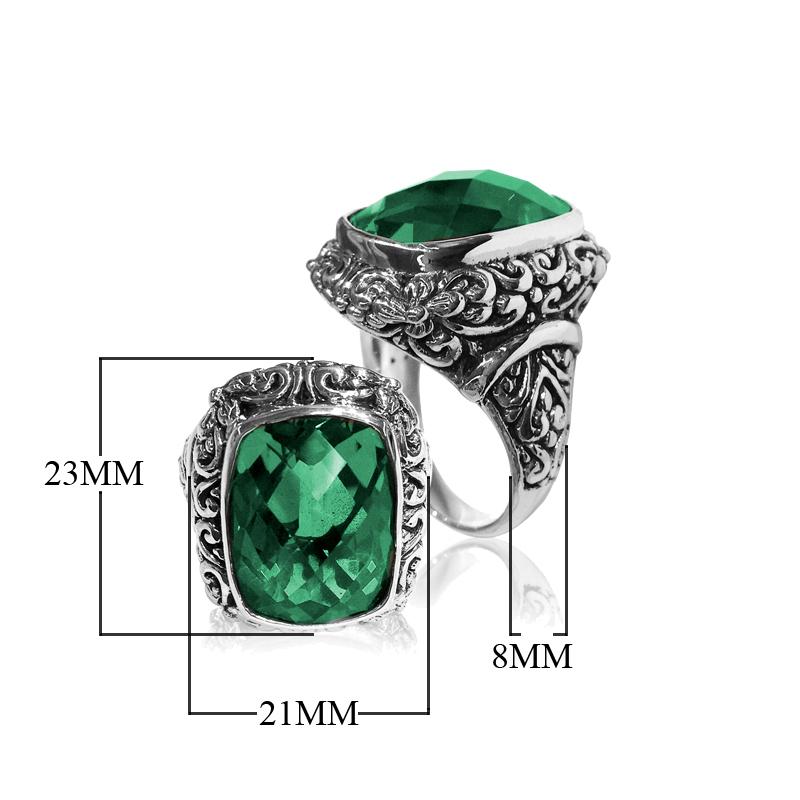 Woman sterling silver ring with cushion-cut Green Quartz and Balinese carvings – handcrafted jewelry