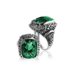 Woman sterling silver ring with cushion-cut Green Quartz and Balinese carvings – handcrafted jewelry