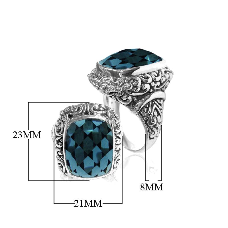 Sterling silver London Blue Topaz Quartz ring with cushion-cut Quartz and ornate Balinese carvings – handcrafted Woman jewelry