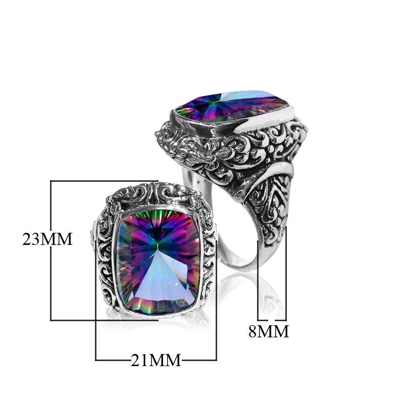 Woman sterling silver Mystic Topaz ring with cushion-cut Quartz and Balinese carvings – handcrafted jewelry