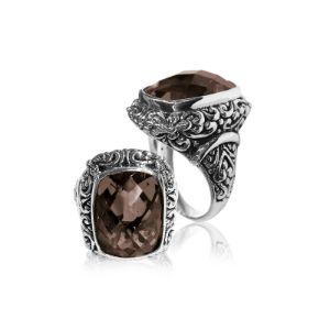  Sterling silver Smoky Quartz ring with cushion-cut Quartz and Balinese design – handcrafted jewelry