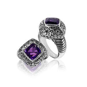 Handcrafted Bali silver ring with purple Amethyst Quartz and intricate carvings for Woman.