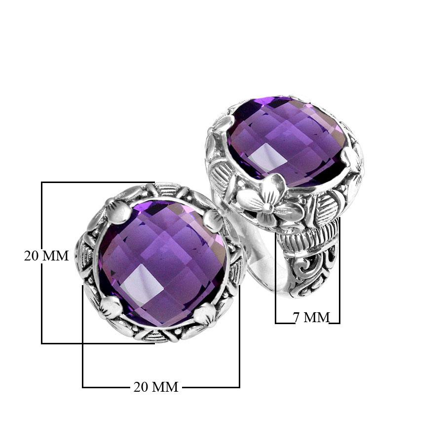 Handcrafted Bali silver ring with round Purple Amethyst Quartz  and floral carvings.
