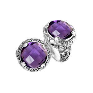 Handcrafted Bali silver ring with round Purple Amethyst Quartz  and floral carvings.