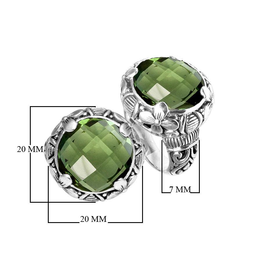 Handcrafted Bali silver ring with round Green Amethyst Quartz and floral carving details.
