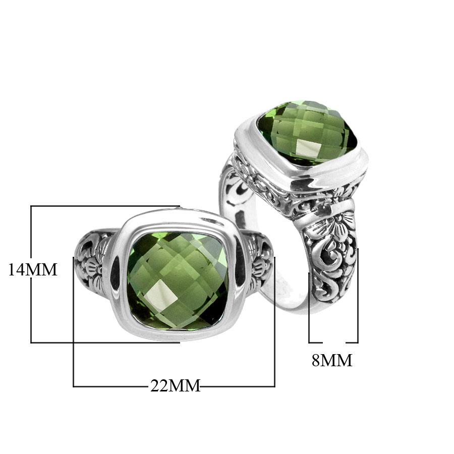 Handcrafted Bali silver ring with cushion-cut Green Amethyst Quartz and artisan floral carvings.