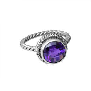 Handcrafted Bali silver ring with round Amethyst Quartz and rope-style band.