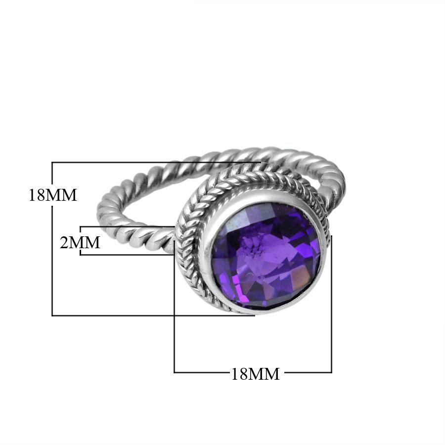 Handcrafted Bali silver ring with round Amethyst Quartz and rope-style band.