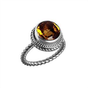 Handcrafted Bali silver ring with round Citrine Quartz and rope-style band.