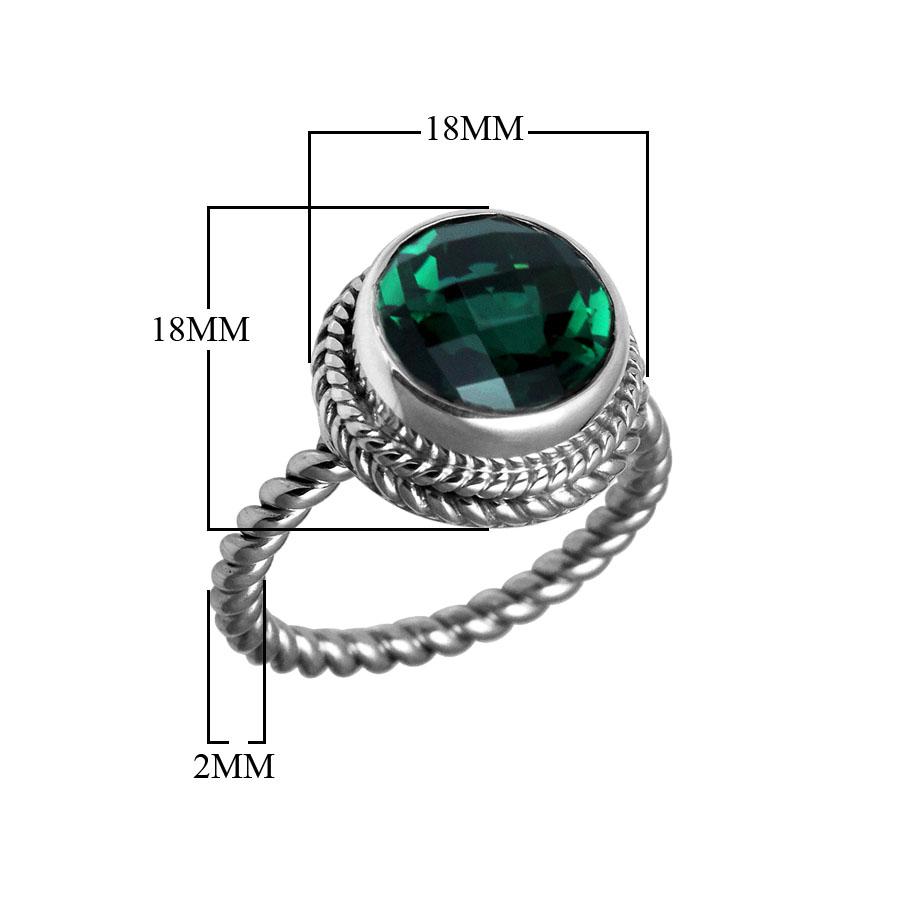 Handcrafted Bali silver ring with round Green Quartz and rope-style band.